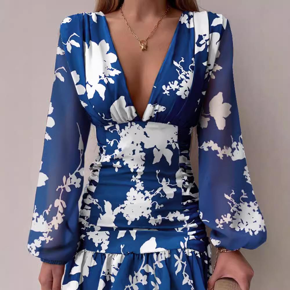 dress skirt mid-length blue tight pullover mid-skirt V-neck