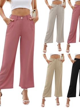 Wide Leg Formal Pants Womens High Waist Belt Pocket Trousers