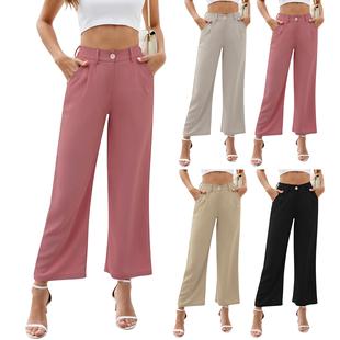 Wide Leg Formal Pants Womens High Waist Belt Pocket Trousers