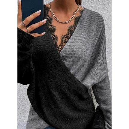 pullover color block loose women sweater autumn lace winter