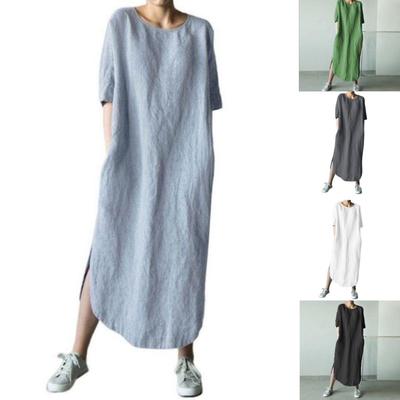 sleeve color neck cotton mid-calf and round solid slit