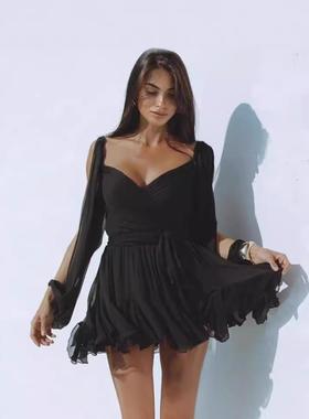 dress short new backless strap sleeve long mesh leisure