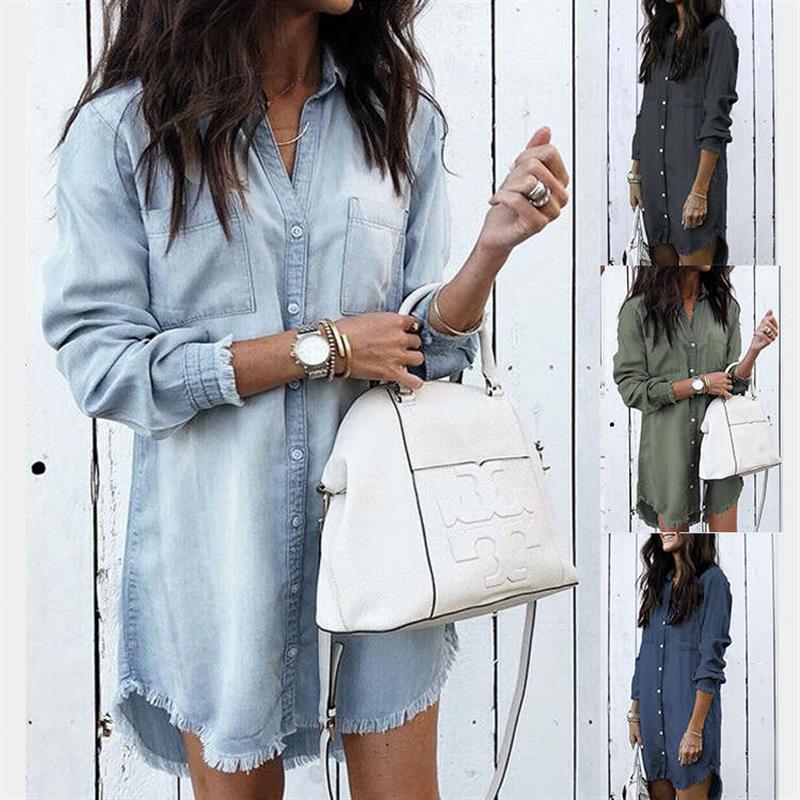 Fashion Shirt Denim Women Womens Tassel Loose Denim Shirt