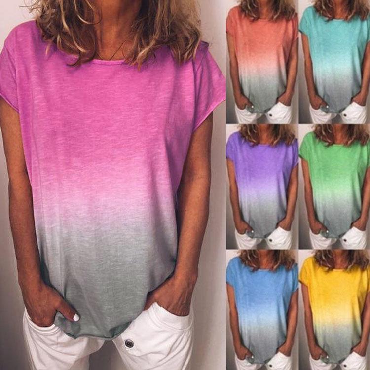 Women Sleeve Short T-shirt Color Solid Gradient Rainbow
