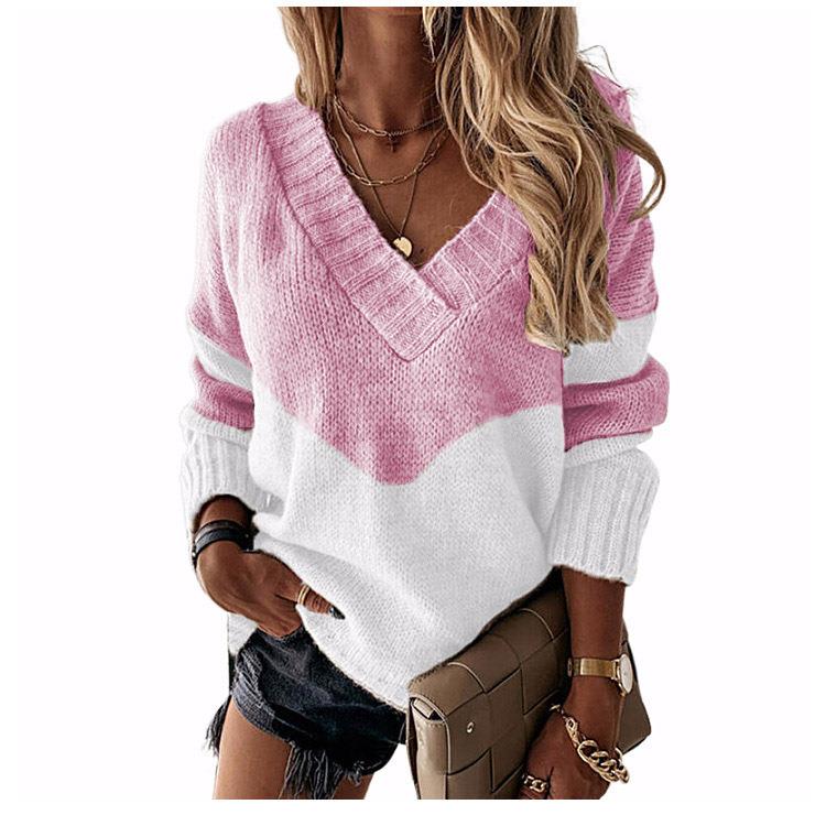 Pullover V-neck loose sweater colorblock womens knitted
