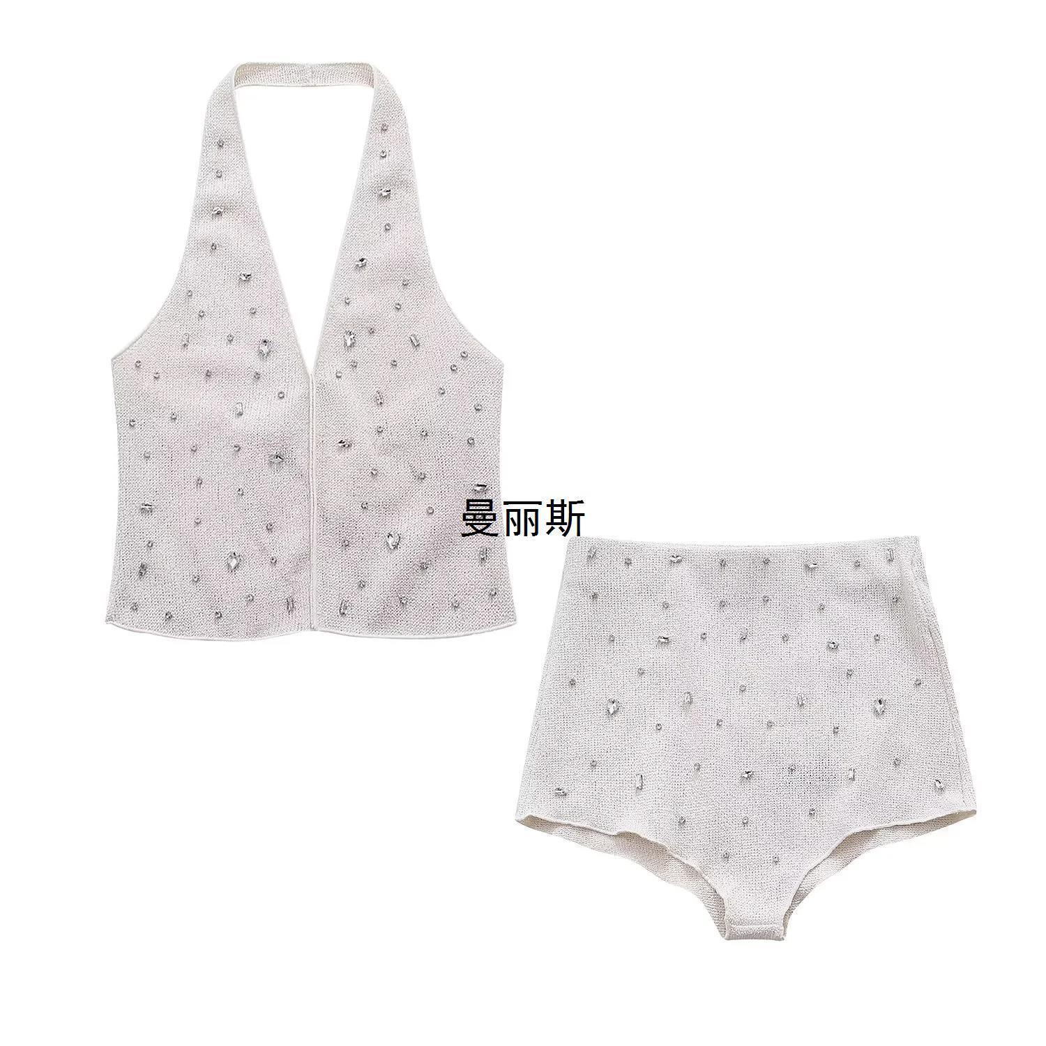 Spring Womens Jewel Embellished Halter Neck Top High Waist