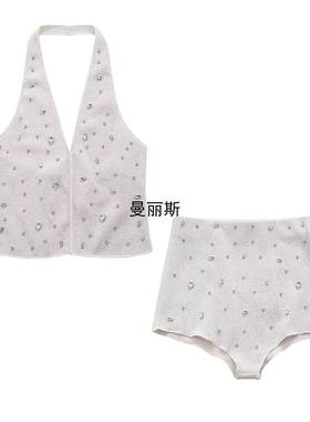 Spring Womens Jewel Embellished Halter Neck Top High Waist