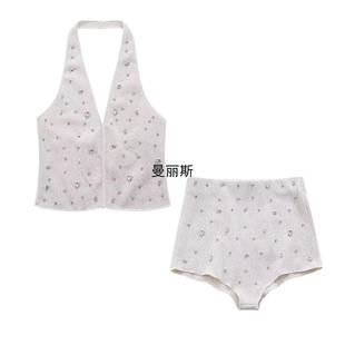 Spring Womens Jewel Embellished Halter Neck Top High Waist