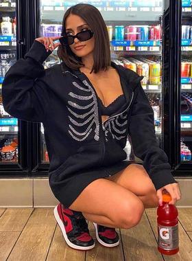 sweatshirt zipper sternum Street style hooded diamond solid