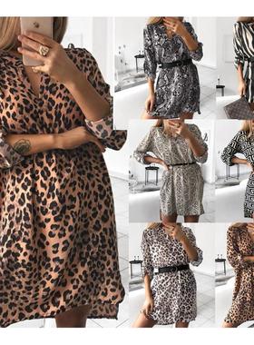 V-neck long-sleeved snake print shirt dress women's beltless