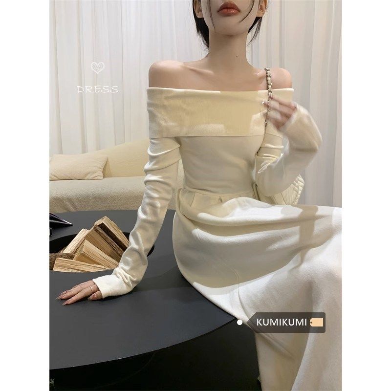 速发气质裙字肩长袖白色连衣裙春秋大腰收码百搭中长款一潮