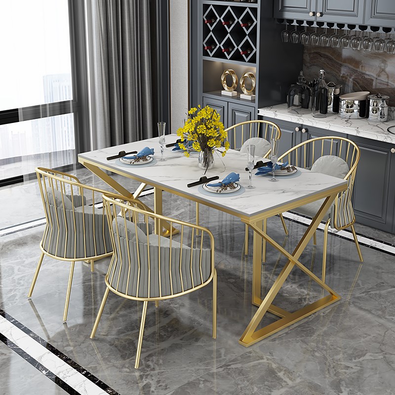 速发餐板岩桌椅组约简合家用小户型餐桌子轻奢长方形洽谈桌椅