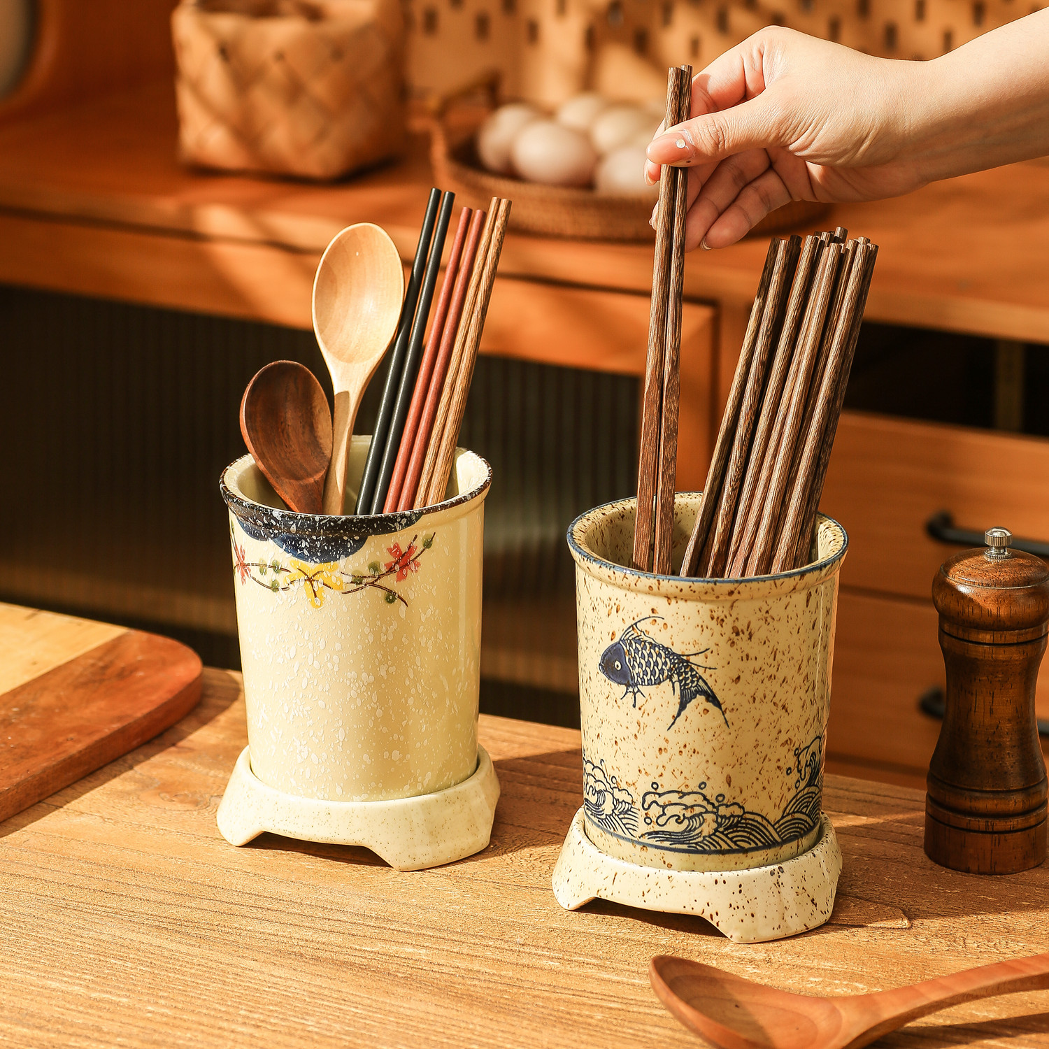 速发复古筷子筒筷子收子盒沥水筷子桶家用纳款陶瓷筷筒筷篓筷新笼