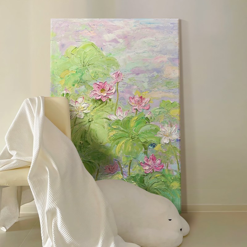 速发高级感荷花肌理手绘油画玄关抽象艺术挂画客厅背景墙丙烯装饰图片
