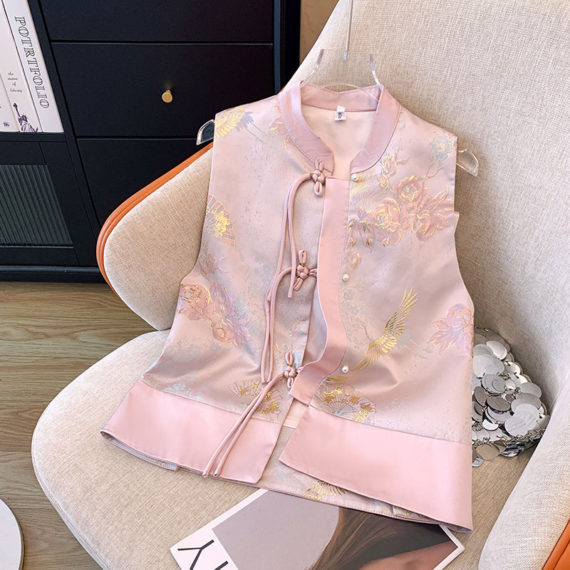 速发粉色盘扣马甲背心春装小个子禅意外搭叠穿无袖坎肩醋酸中式上