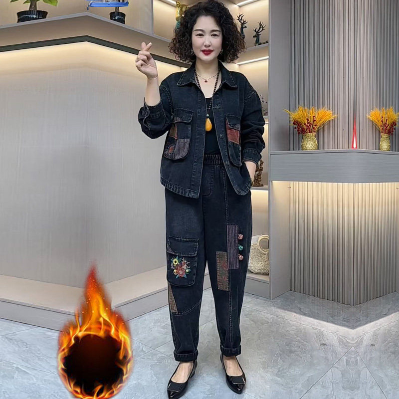 秋冬季新款加绒加厚牛仔套装女复古刺绣牛仔外套保暖哈伦裤一整套,女装/女士精品,时尚套装,淘宝优惠券,粉丝福利购,淘宝优惠卷