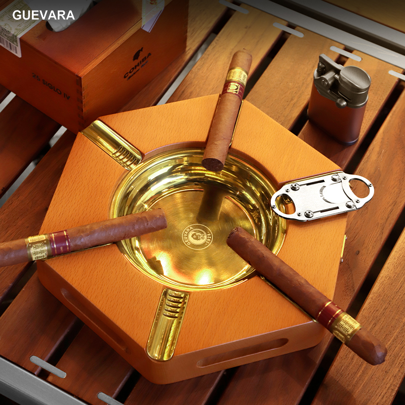 GUEVARA雪茄烟灰缸六槽黄铜实木