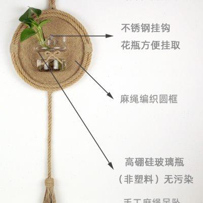 创意复古田园家装水培植物花瓶圆形麻绳框工艺画壁挂墙面装饰吊件图片