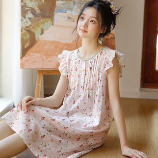 家居服女学生 夏季 甜美可爱纯棉纱布圆领小飞袖 背心中长款 睡裙薄款