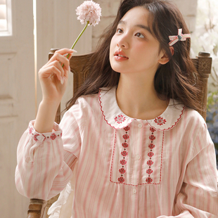 甜美透气棉质纱布绣花家居服套装 纯棉睡衣女可爱娃娃领春秋长袖