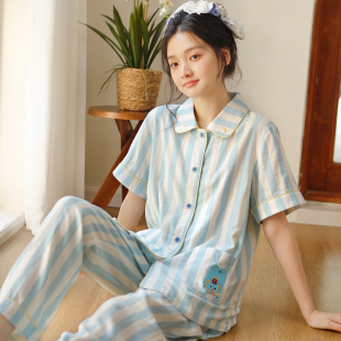 可外穿翻领甜美可爱开衫 条纹短袖 长裤 睡衣女纯棉纱布家居服套装