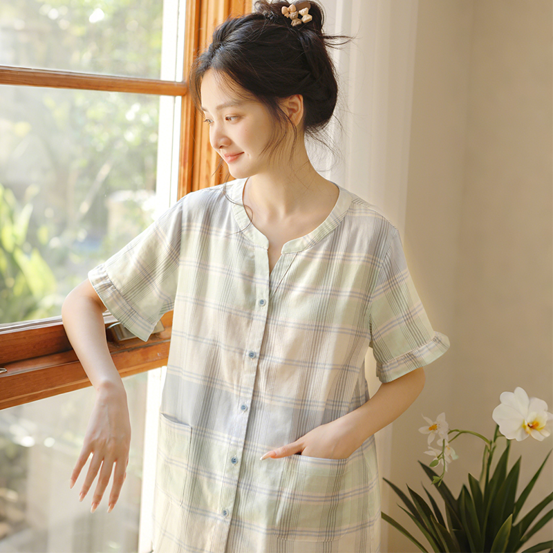 2025新款夏季女士睡衣全棉纱布格纹园领短袖长裤家居服套装可外穿