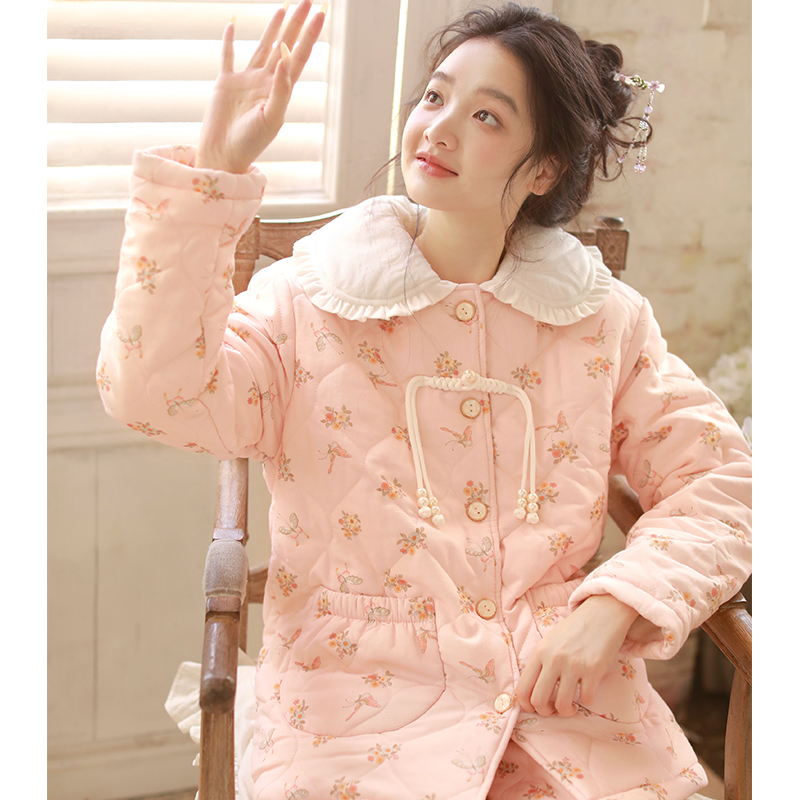 甜美碎花棉袄女加厚加绒睡衣套装