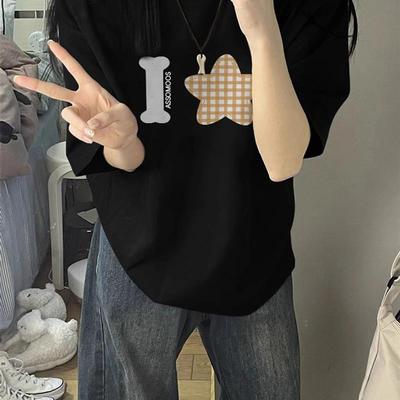 纯棉美式复古潮牌正肩短袖t恤女2025新款设计感小众宽松半袖上衣