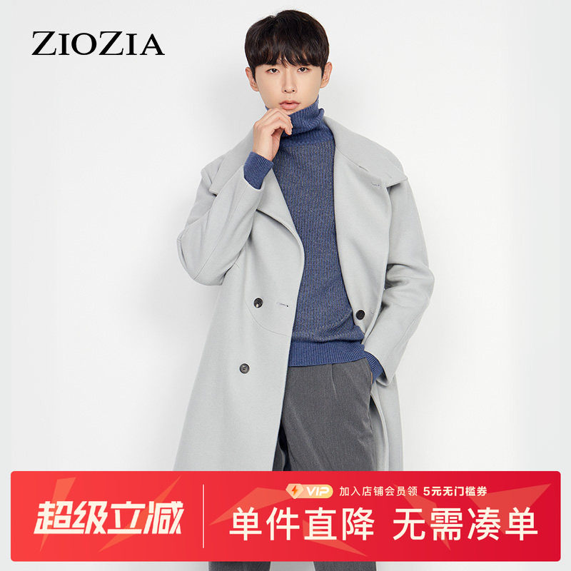 ZIOZIA冬季青年气质休闲纯色简洁长款毛呢大衣外套ZCG04T21D - 实物图