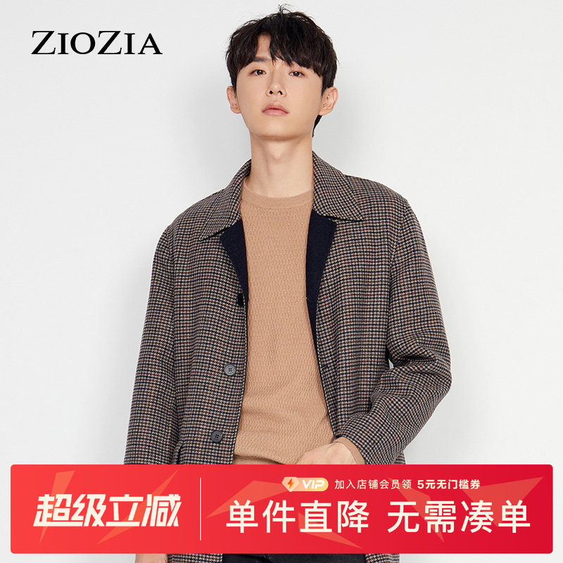 ZIOZIA冬季两面穿单排扣千鸟格外套保暖毛呢大衣男ZCG04961J图片