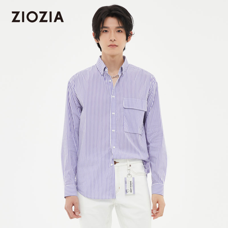 ZIOZIA春季时尚休闲男装条纹上衣微阔型外套衬衫方领ZWC21263