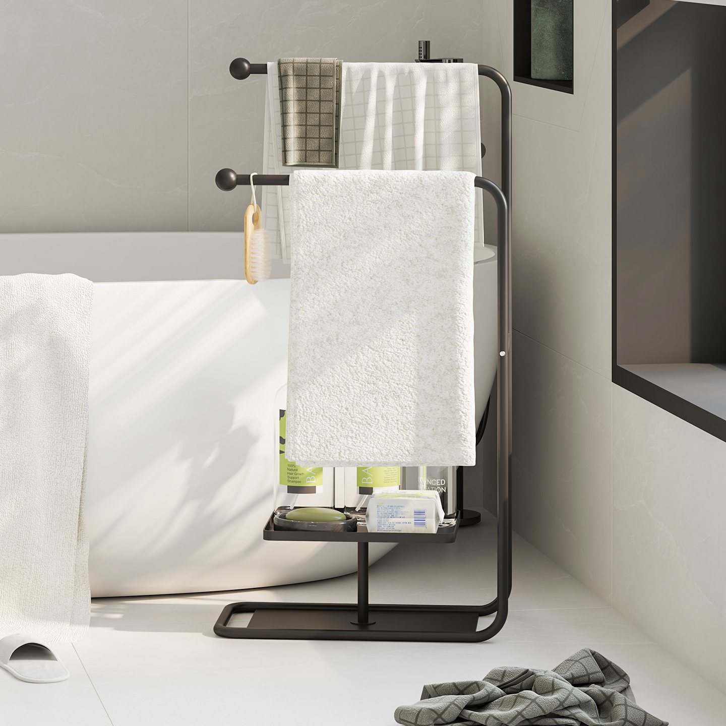 顾得高级浴室置物架卫生间浴巾架落地毛巾架一体浴缸立式挂衣架子