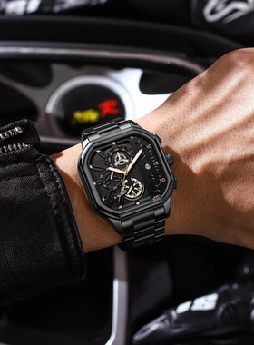 黑武士男士手表方形时尚百搭潮流全自动石英表非机械表夜光日历表