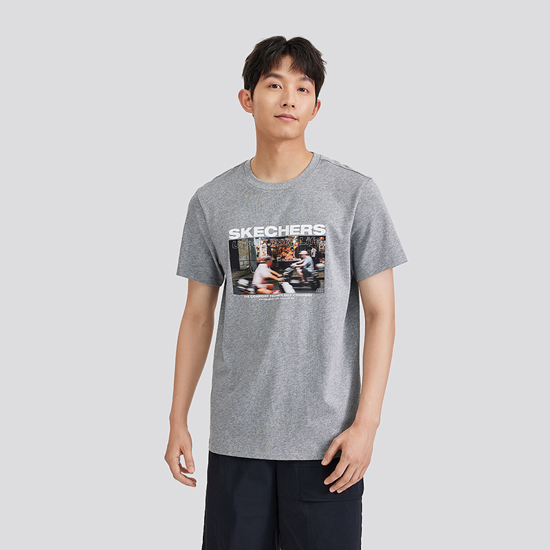 斯凯奇夏季男子纯棉针织印花T恤