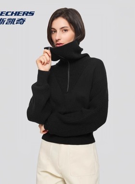 Skechers斯凯奇新款舒适针织时尚卫衣女半拉链大翻领毛衣L324W113