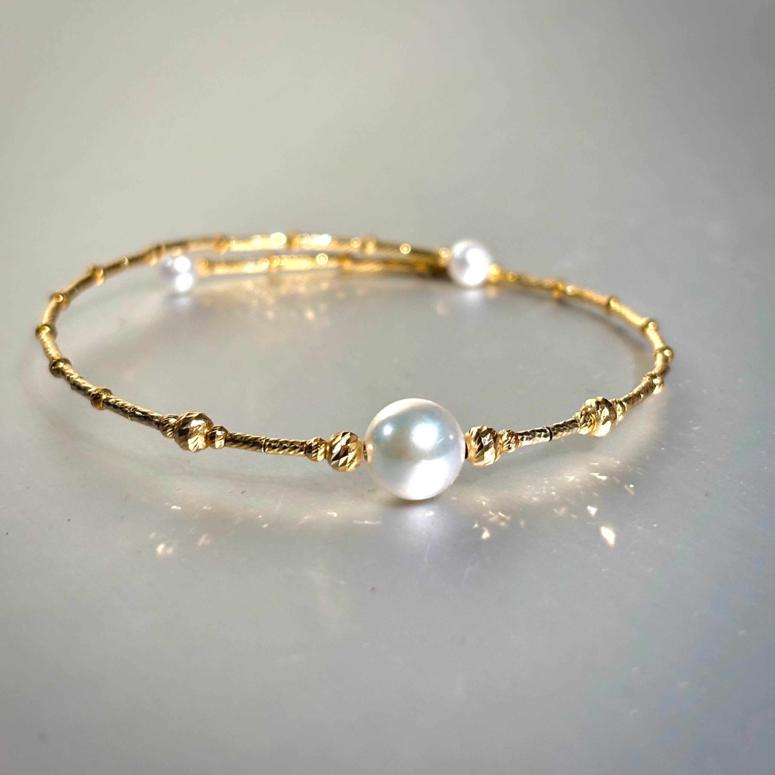 18K真金版本手镯天然Akoya正圆海水7-8mm真珍珠均码开口手镯