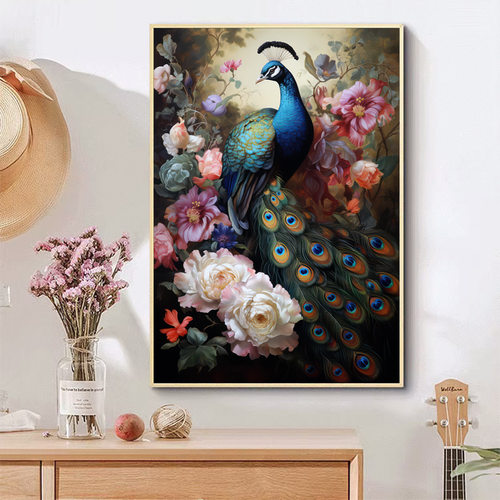 轻奢花开富贵挂画孔雀牡丹花装饰画玄关进门壁画客厅沙发背景墙