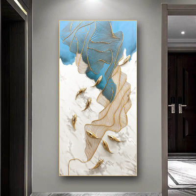 九鱼图手绘油画玄关装饰画入户过道竖版挂画现代立体金线装饰画