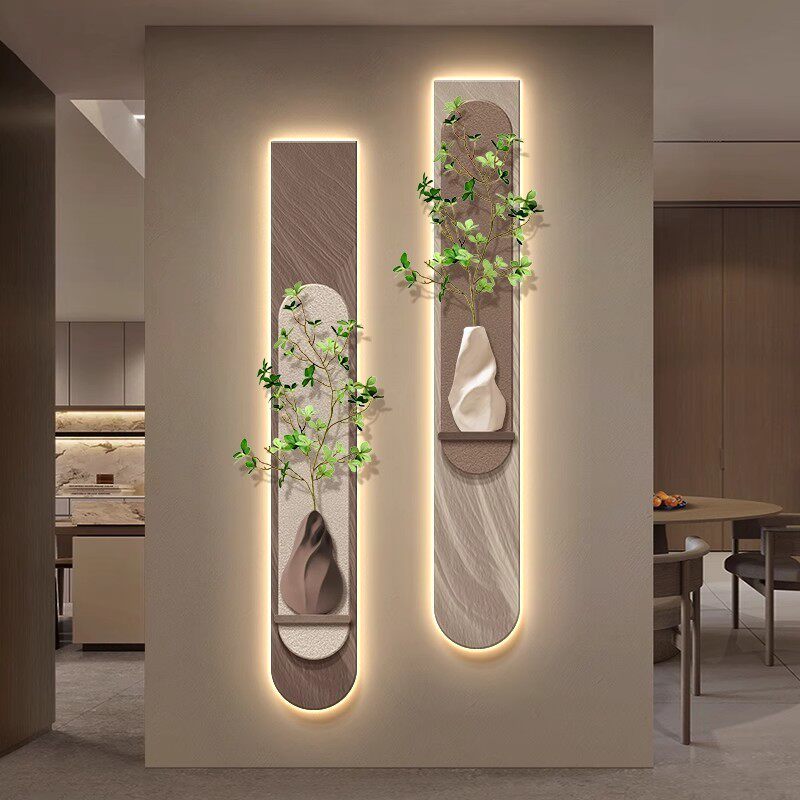 侘寂风玄关装饰画绿植高级感电视背景墙挂画窄长条走廊过道壁灯画