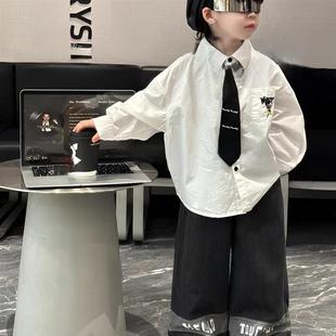 男童酷帅白衬衫2025秋领带牛仔直帅气筒裤新款潮童韩版潮春秋款白