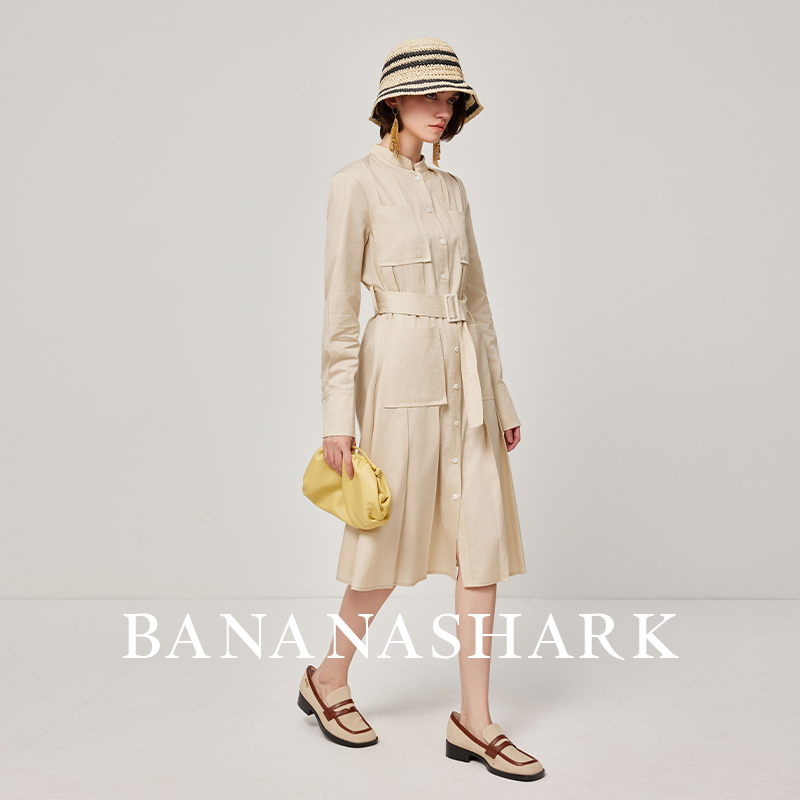 中长款长袖A字衬衫连衣裙