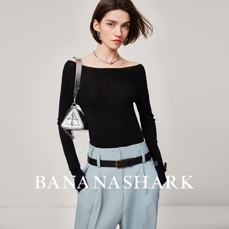 一字肩1OO%羊毛纯色修身针织衫女