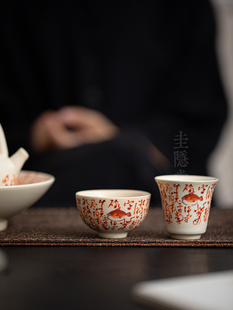 圭隐堂矾红书法诗文陶瓷茶杯苏打釉开片家用主人杯品茗杯个人单杯