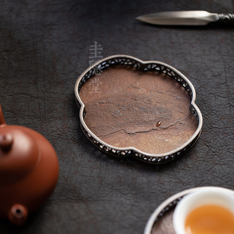 圭隐堂手作海棠茶杯垫盖置覆古侘寂古锡岩石盖碗茶壶茶托盘小茶台