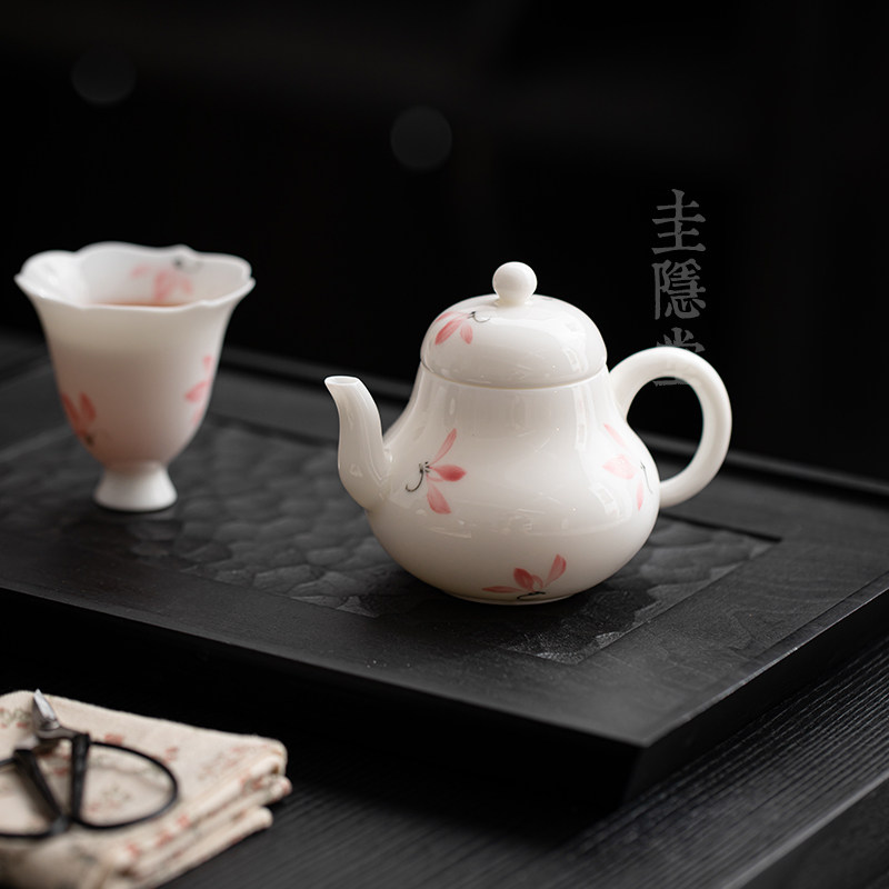 圭隐堂羊脂玉瓷手绘粉兰花陶瓷茶壶家用女士泡茶壶单壶防烫手抓壶