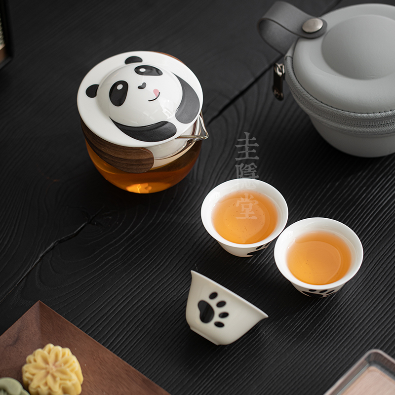 圭隐堂中式国潮熊猫户外便携旅行茶具套装玻璃快客杯办公室泡茶杯