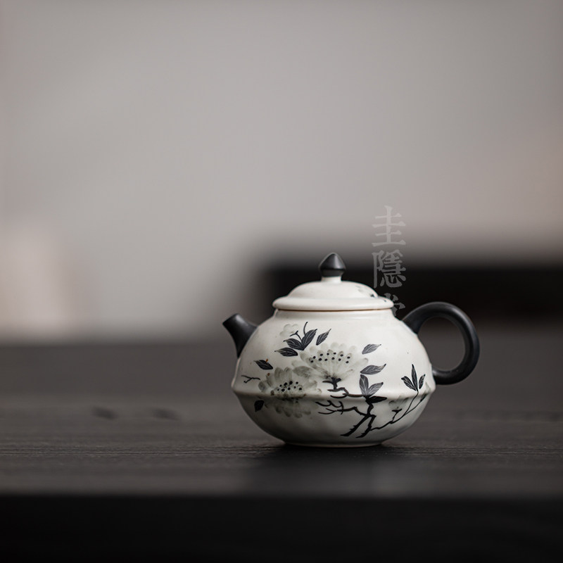 圭隐堂手绘水墨芍药陶瓷手执茶壶釉下彩家用仿古女士泡茶壶手抓壶,餐饮具,茶壶,淘宝优惠券,粉丝福利购,淘宝优惠卷