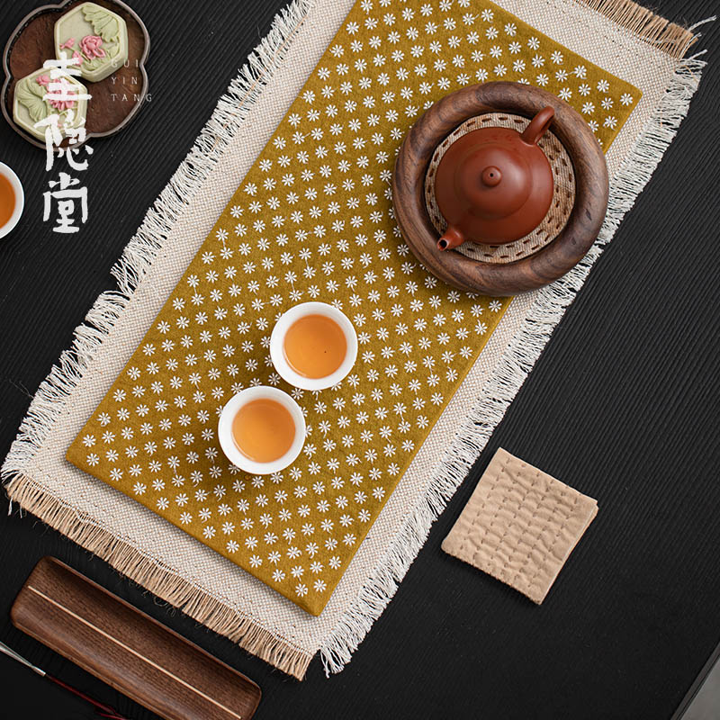 圭隐堂帆布手缝刺绣雏菊干泡茶席套装中式家用隔热垫桌布垫茶桌旗