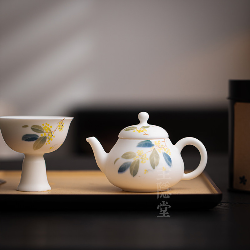 圭隐堂哑光羊脂玉白瓷手执茶壶手绘桂花家用仿古泡茶壶手抓壶单壶