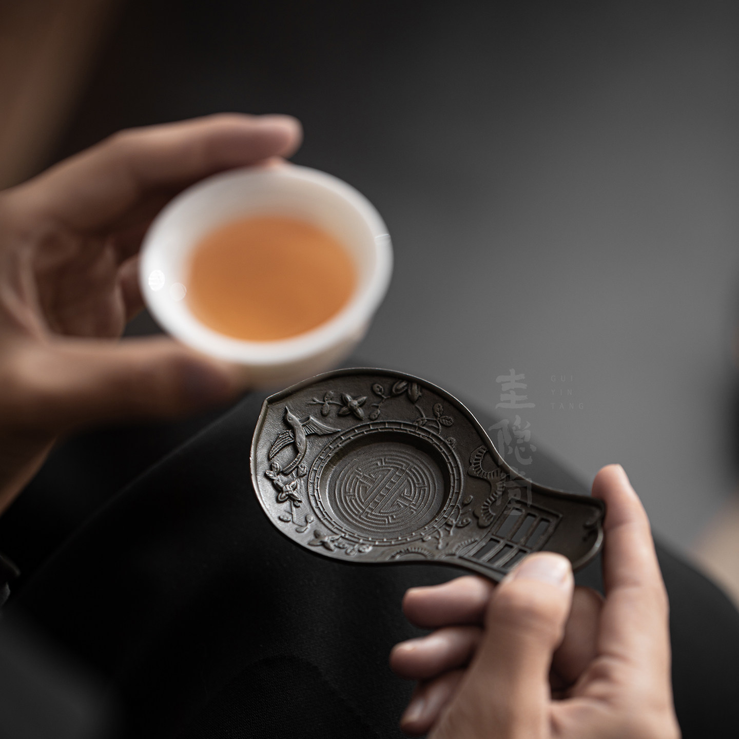 圭隐堂手工老锡双喜茶杯垫中式家用复古做旧防烫隔热茶垫茶托杯托